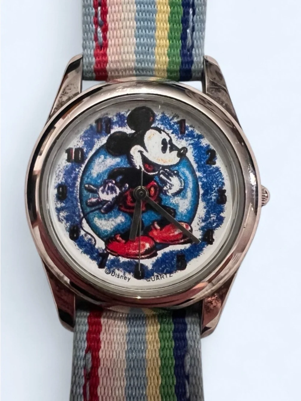 Vintage Disney Time Works Mickey Mouse Wristwatch Rainbow Stripe Band